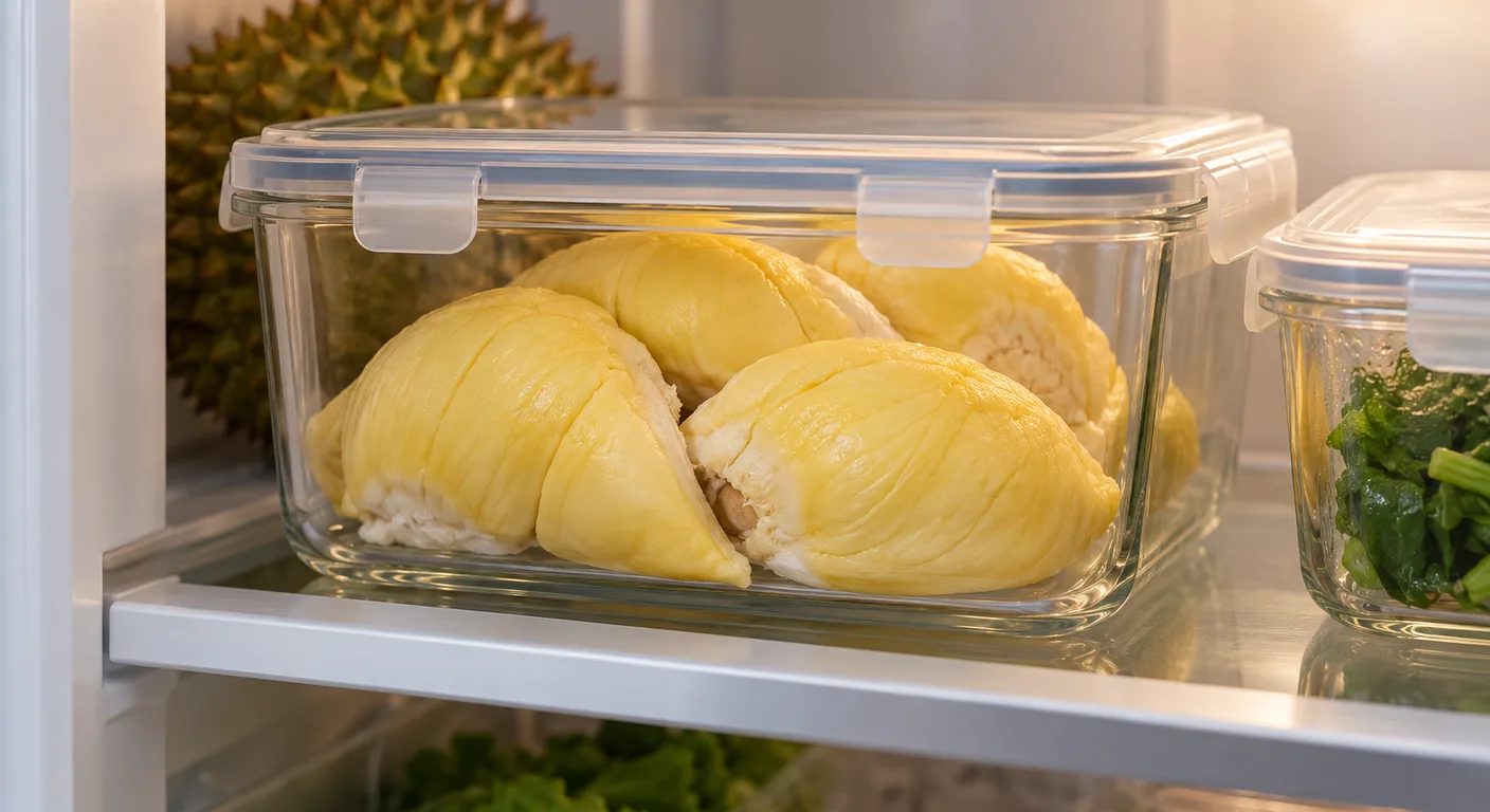 Durian pods in a clipped, airtight glass container on a fridge shelf