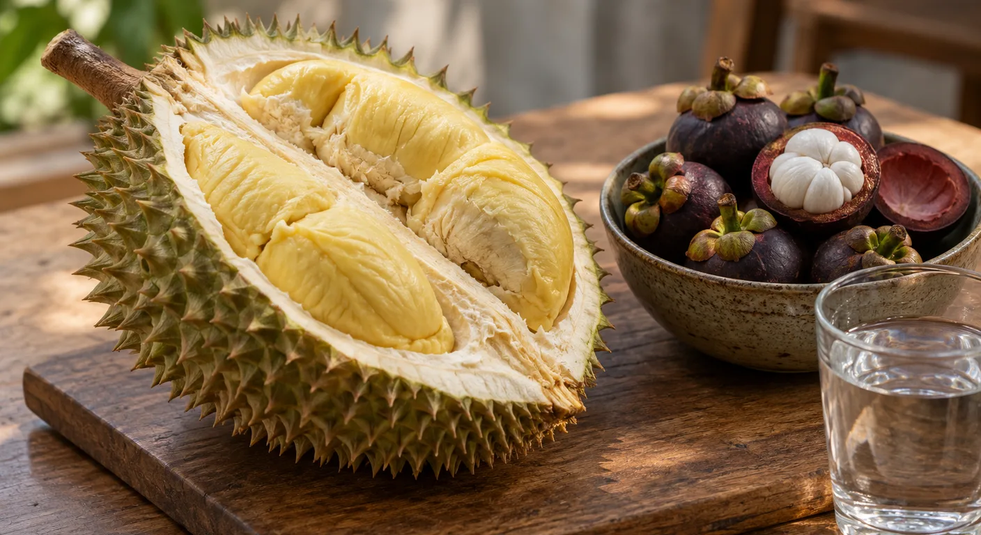 An opened durian on a wooden board beside a bowl of mangosteens and a glass of water