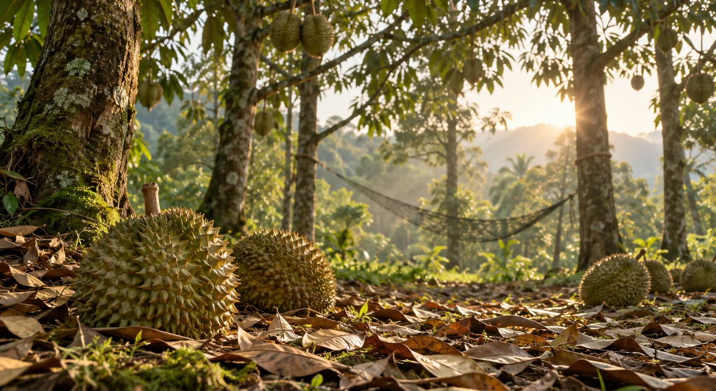 Ripe durians fallen on the ground under durian trees in an orchard at sunrise
