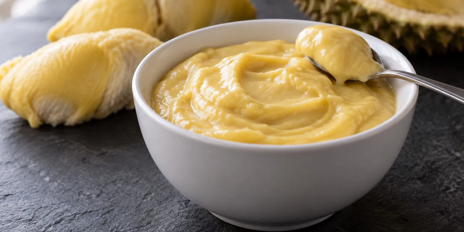 A white bowl of pale yellow durian purée with a spoon, beside opened durian segments on dark slate